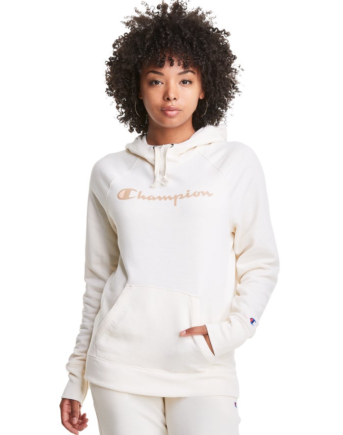 Champion Powerblend Fleece Script Logo Kadın Kapşonlu Sweatshirt Beyaz ( PSJHGA530 )